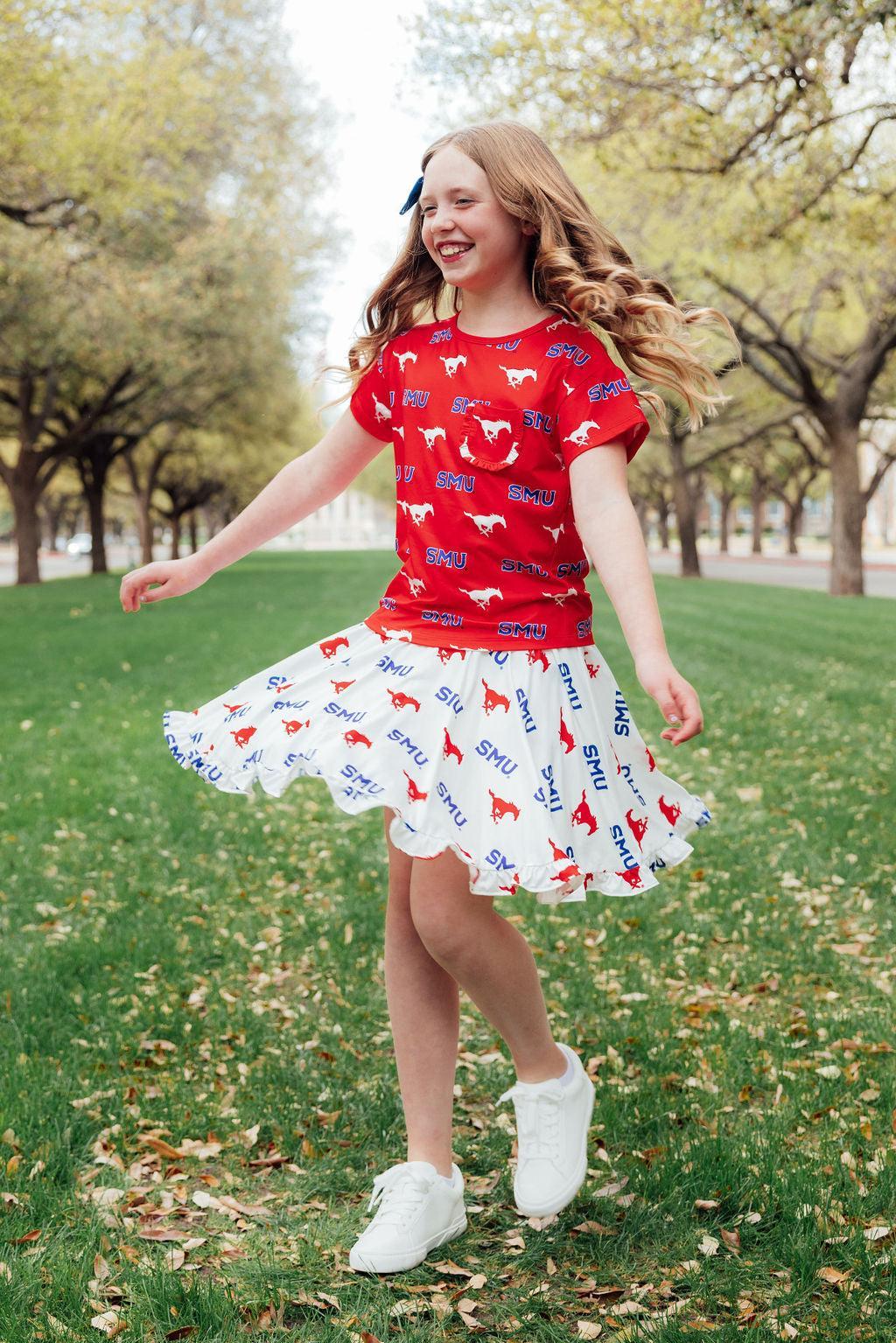 SMU White Mustang Ruffle Twirl Skort