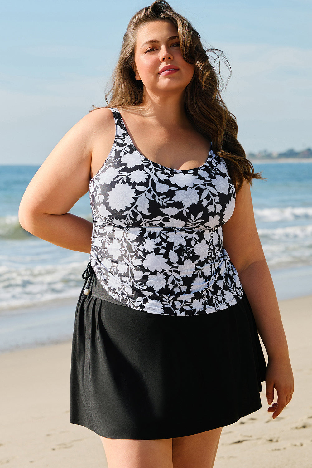 Black Printed Square Neck Drawstring Ruffled Tankini Set