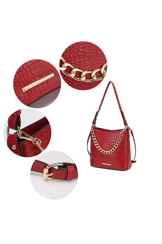 “Maxine” Faux Crocodile-Embossed Shoulder Bag