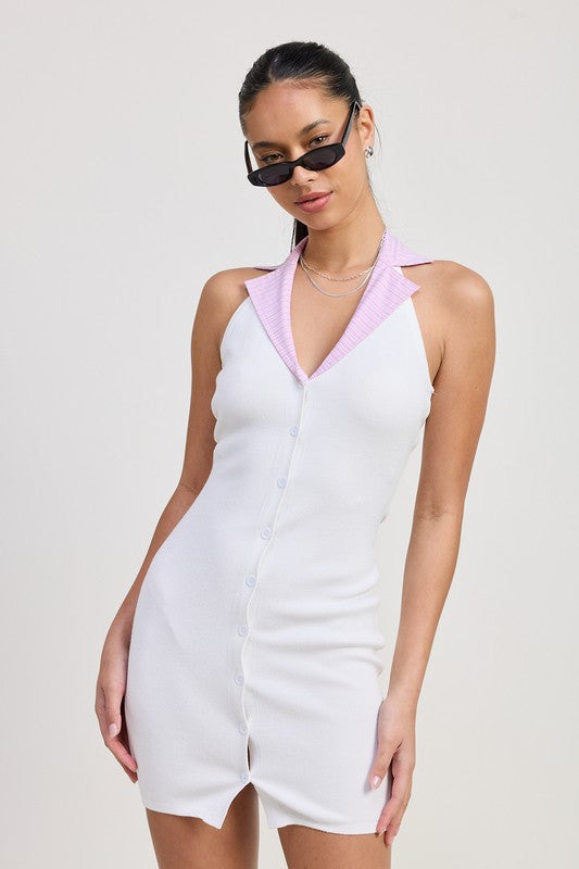 CONTRAST COLLAR RIBBED MINI HALTER DRESS