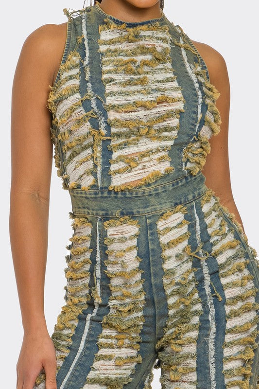 Raw Edge Frayed Denim Jumpsuit