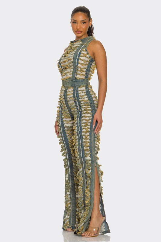 Raw Edge Frayed Denim Jumpsuit