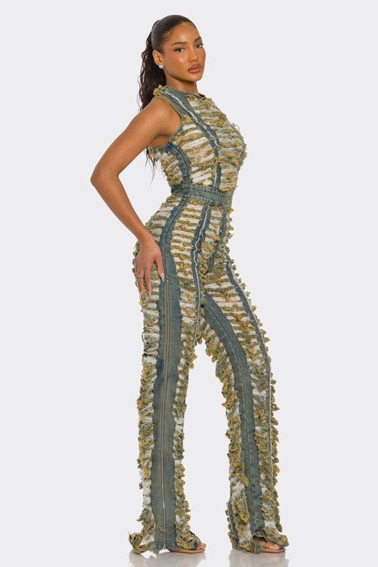Raw Edge Frayed Denim Jumpsuit