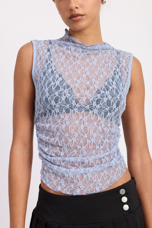 LACE MOCK NECK SLEEVELESS TOP WITH SIDE RUCHING