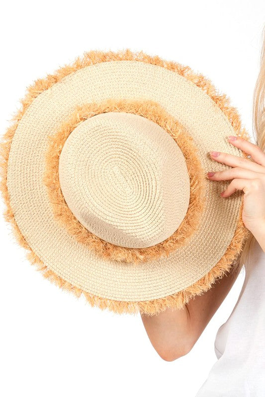 Frayed Band 2 Tone Straw Sun Hat