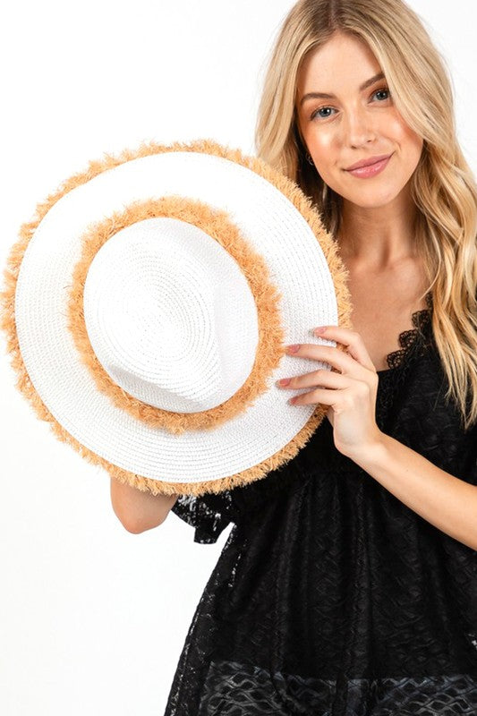 Frayed Band 2 Tone Straw Sun Hat