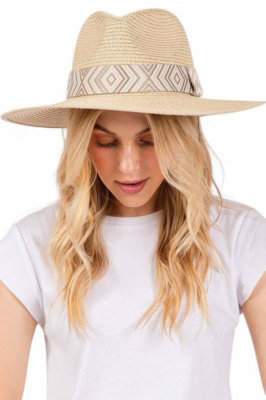 Aztec Jacquard Ribbon Straw Fedora Hat