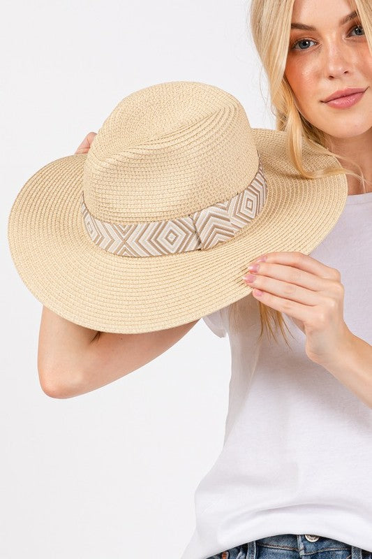 Aztec Jacquard Ribbon Straw Fedora Hat