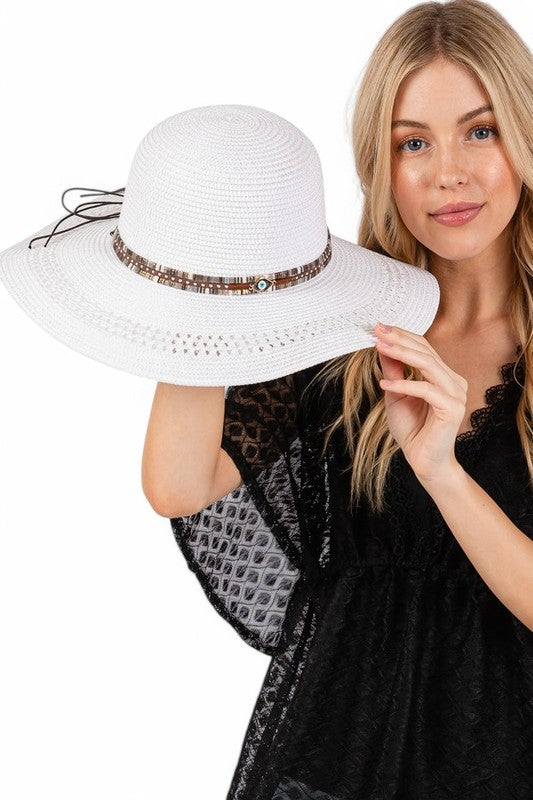 Evil Eye Hatband Floppy Straw Sun Hat
