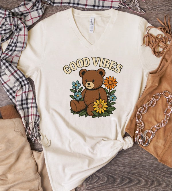 Good Vibes Teddy Bear V-Neck Graphic Tee