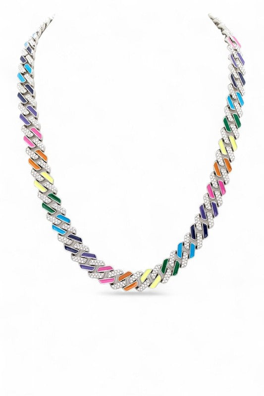 Multi Color Rhinestone Cuban Chain Necklace