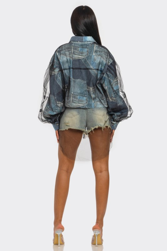 Denim Mesh Illusion Oversized Shirt