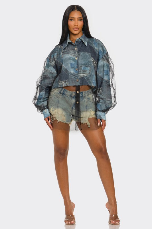 Denim Mesh Illusion Oversized Shirt