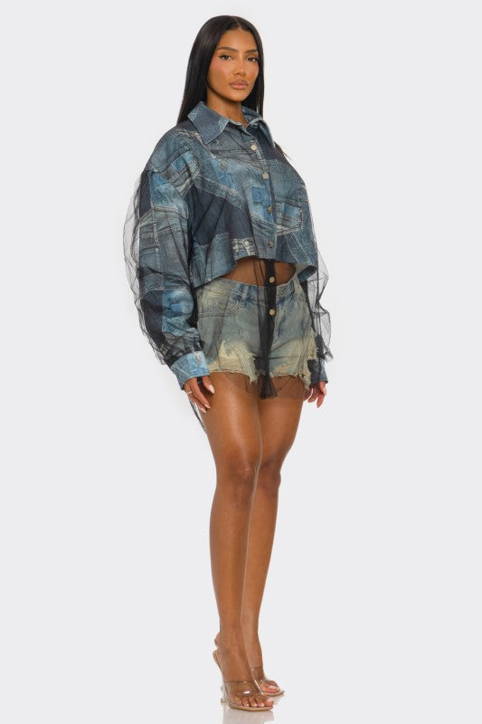 Denim Mesh Illusion Oversized Shirt