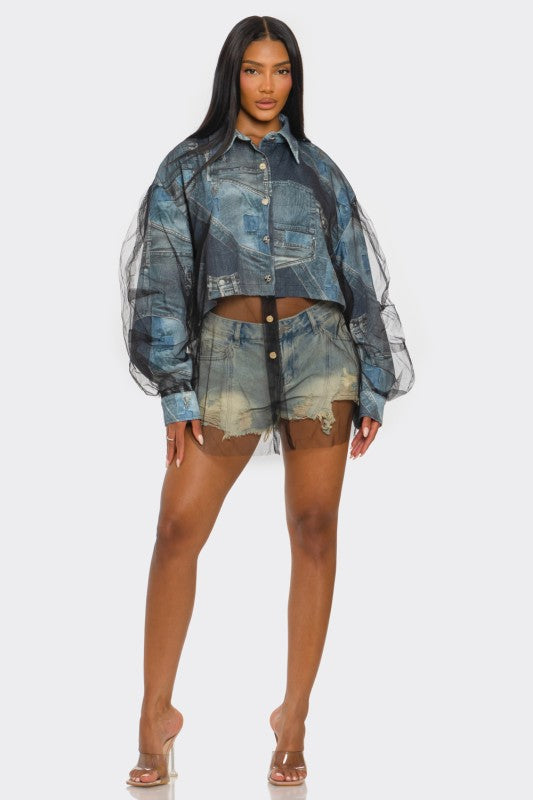 Denim Mesh Illusion Oversized Shirt