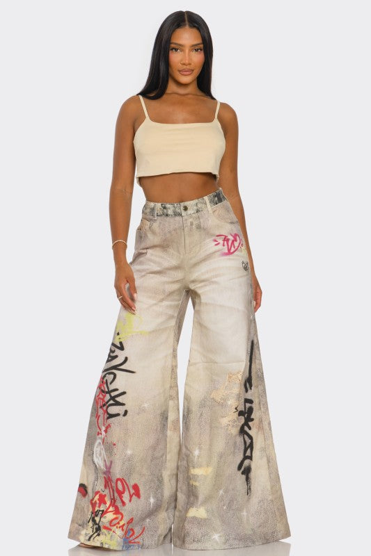 Street Poet Graffiti Wide-Leg Jeans