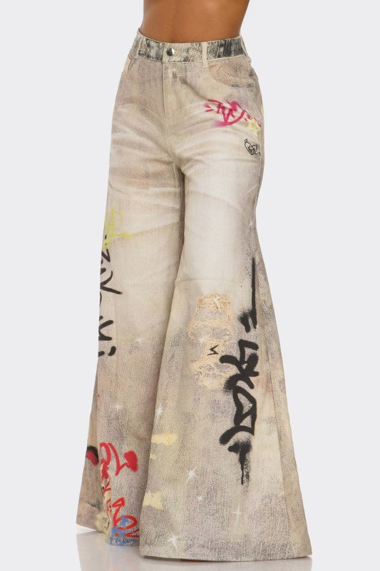 Street Poet Graffiti Wide-Leg Jeans