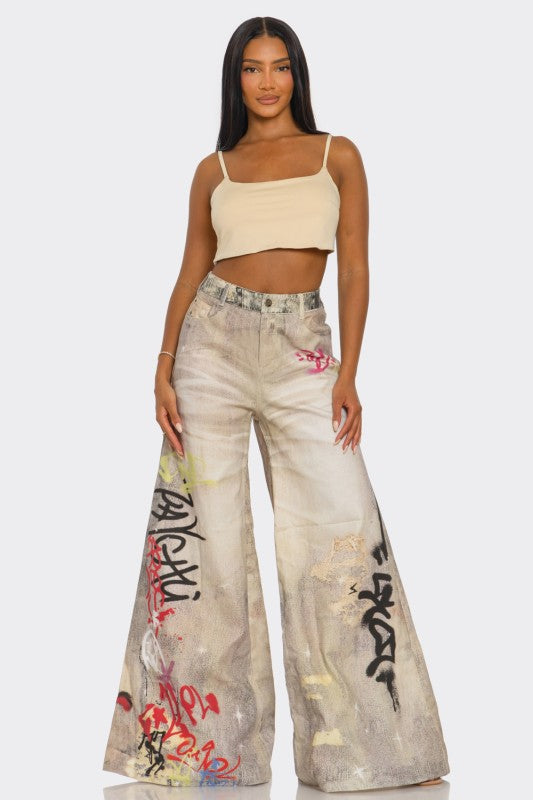 Street Poet Graffiti Wide-Leg Jeans