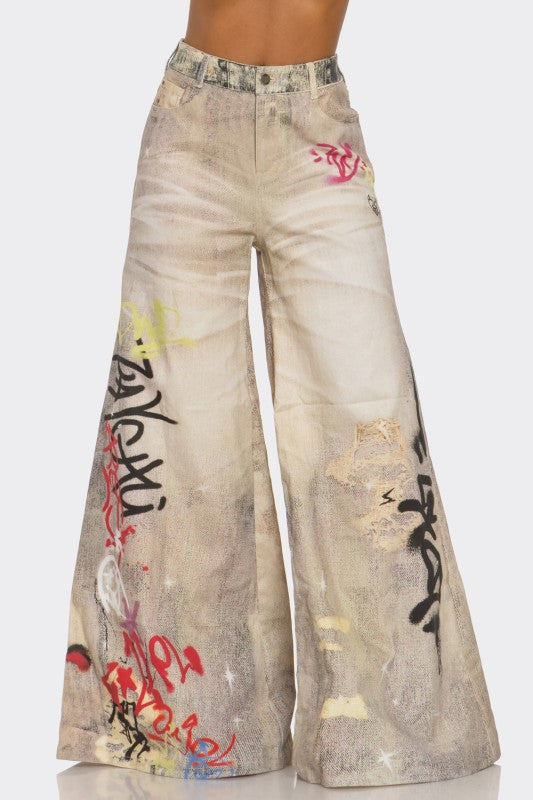 Street Poet Graffiti Wide-Leg Jeans