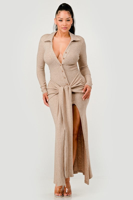 Knit Collar Tie Front Maxi Dress