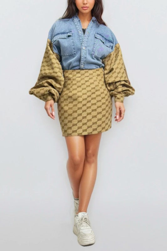 Denim & Monogram Puff Sleeve Two-Piece Set