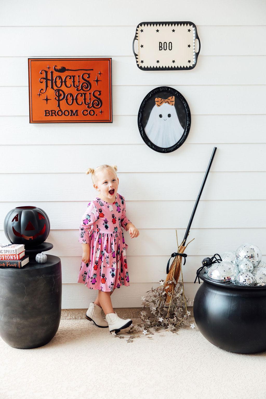 Purr-fectly Spooky 3/4 Sleeve Pocket Twirl Dress