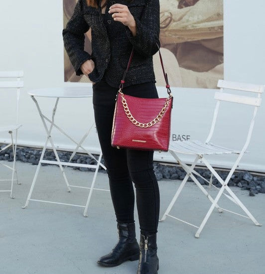 “Maxine” Faux Crocodile-Embossed Shoulder Bag