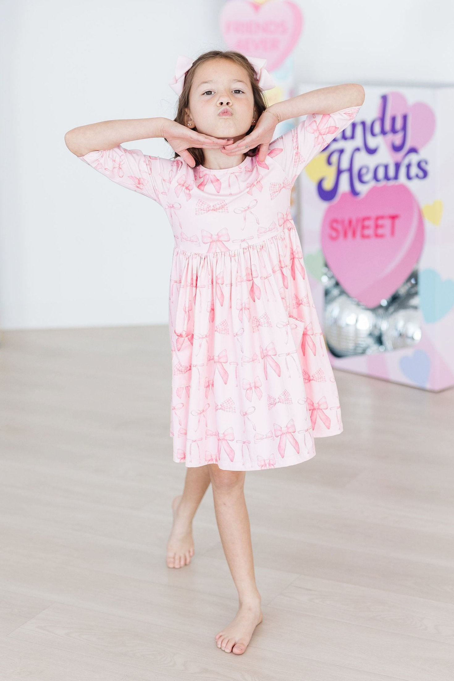 Blushing Bows 3/4 Sleeve Pocket Twirl Dress