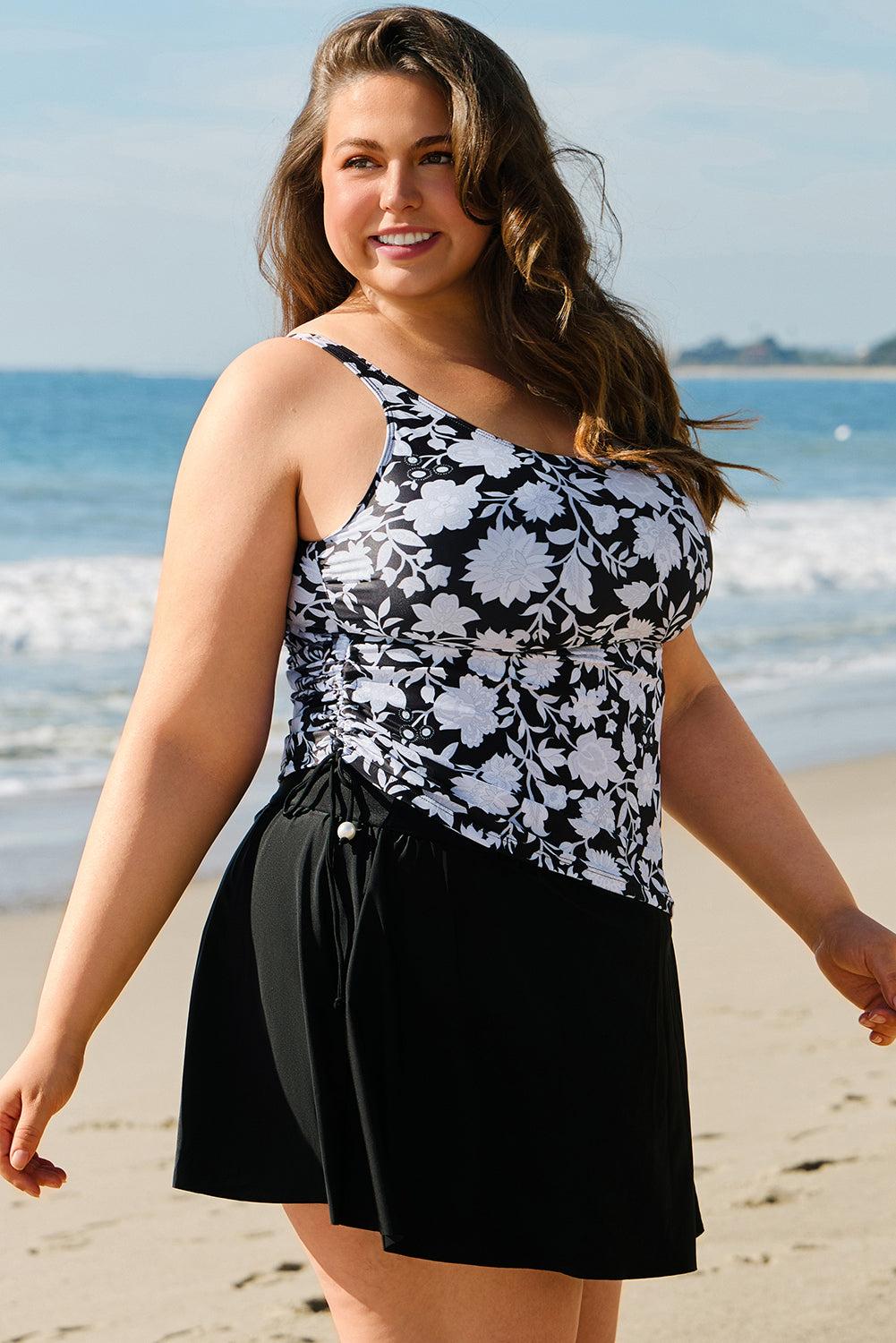 Black Printed Square Neck Drawstring Ruffled Tankini Set