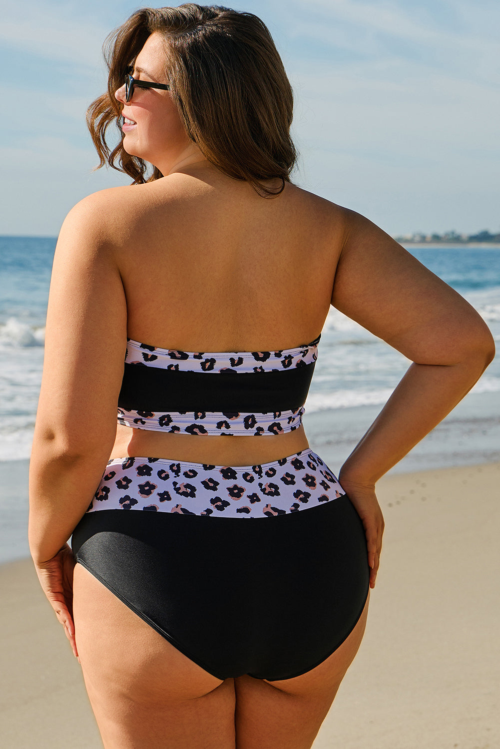 Black 2pcs Leopard Patchwork High Waisted Swimsuit