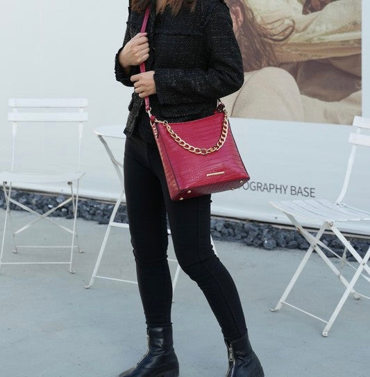 “Maxine” Faux Crocodile-Embossed Shoulder Bag