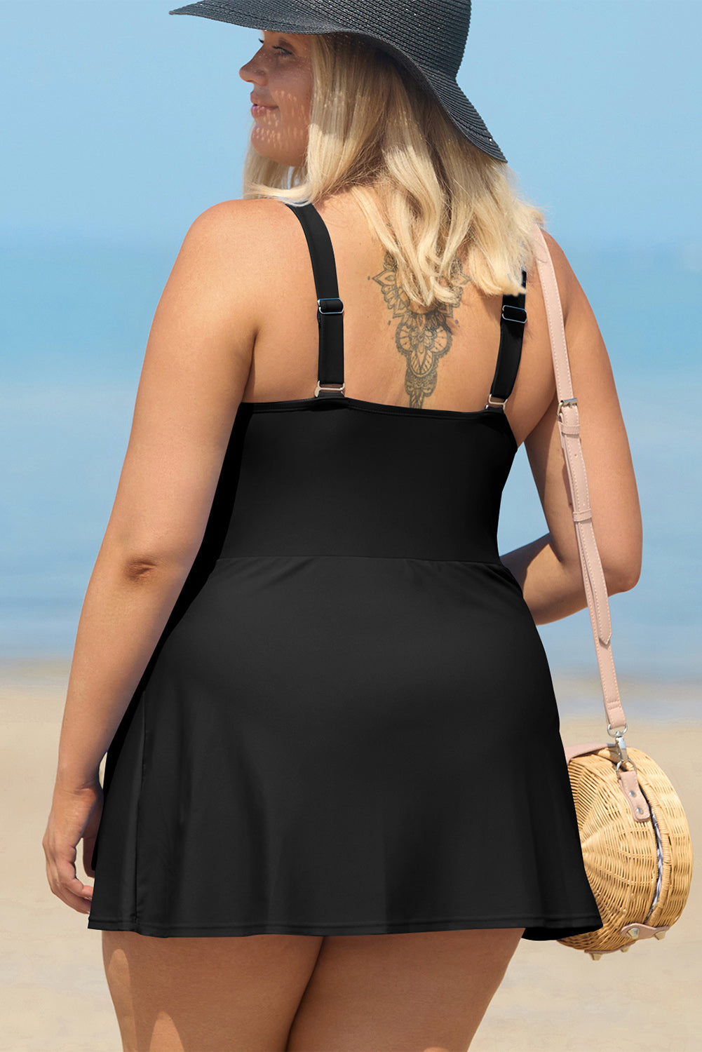 Black Solid Color Square Neck Knotted One Piece Swimsuit