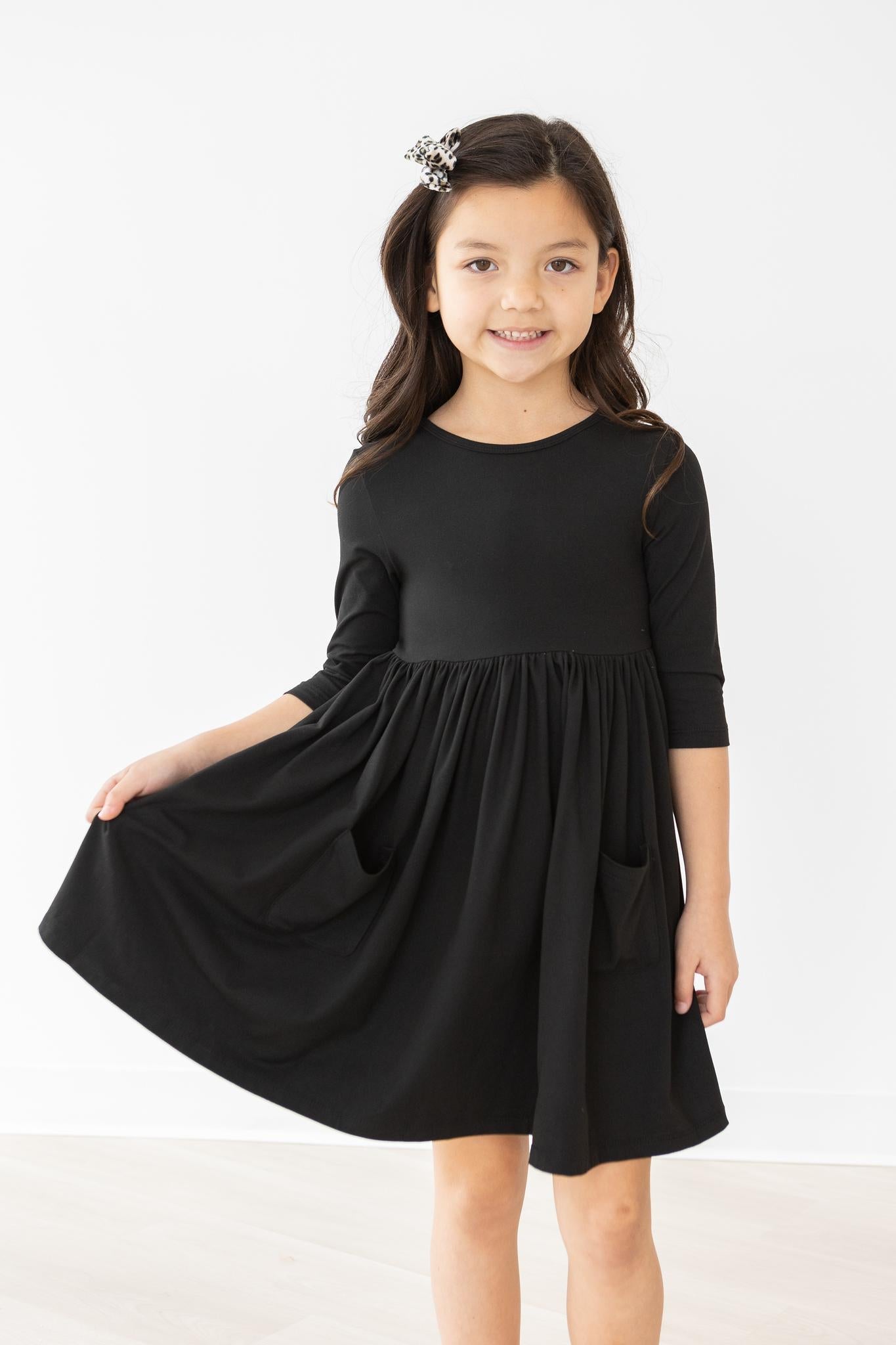 Black 3/4 Sleeve Pocket Twirl Dress