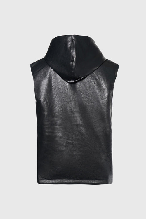Waxed Faux Leather Sleeveless Hoodie