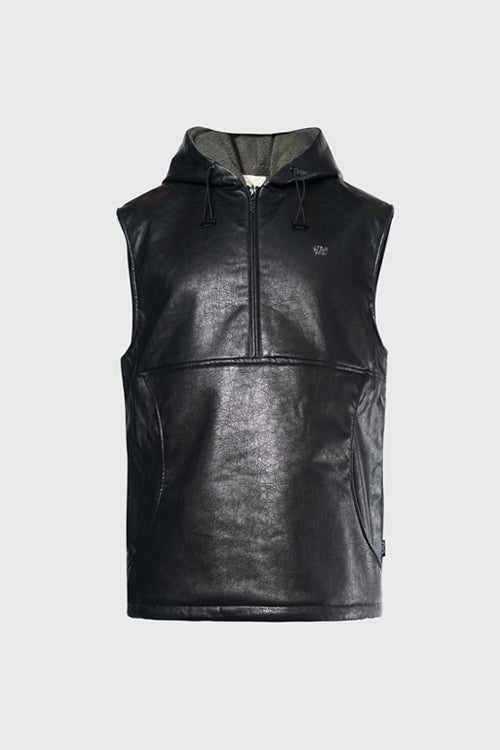 Waxed Faux Leather Sleeveless Hoodie