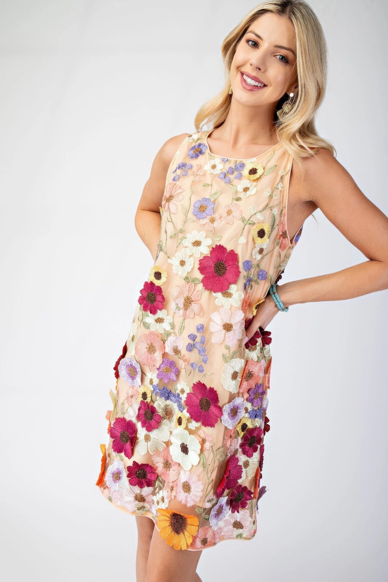 3d Floral Embroidered Sleeveless Mini Dress
