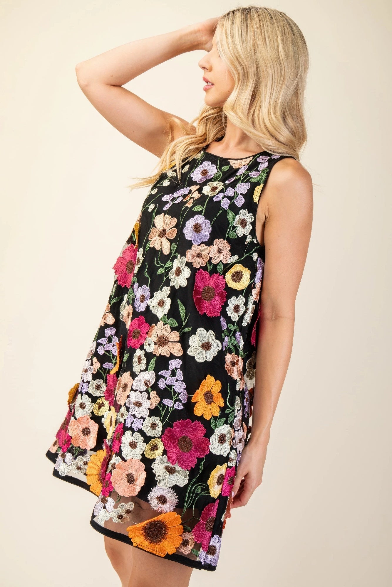 3d Floral Embroidered Sleeveless Mini Dress