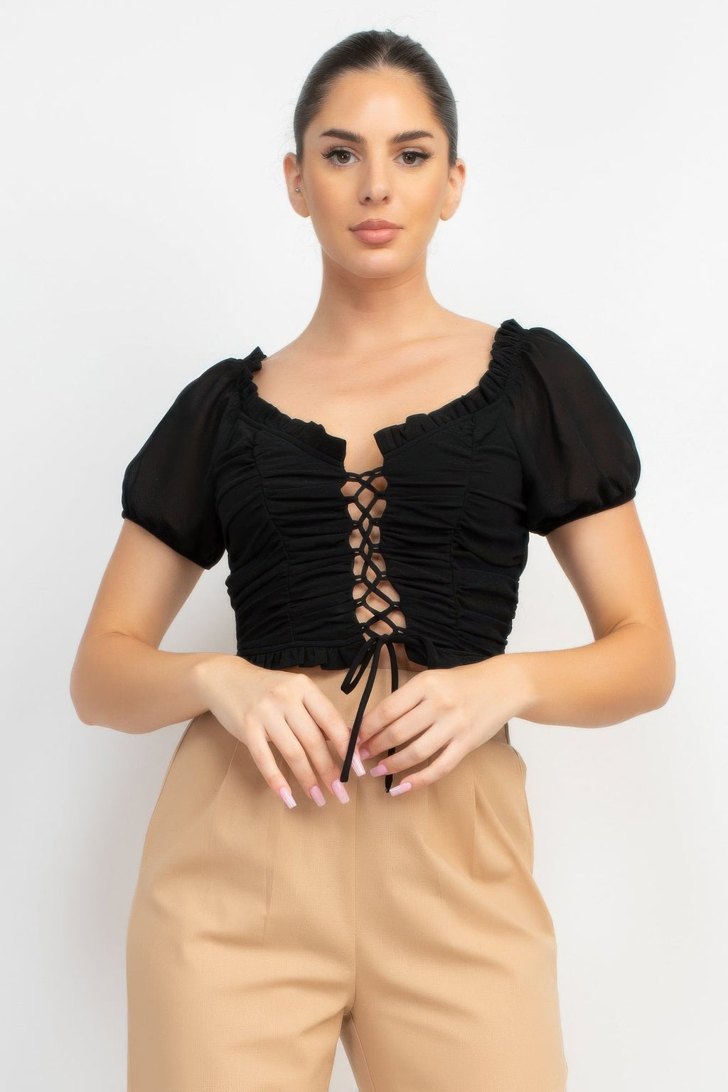 Back Shirred Ruffled Lace-up Crop Top