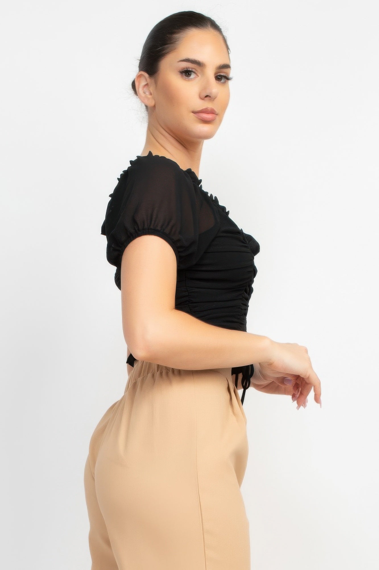 Back Shirred Ruffled Lace-up Crop Top