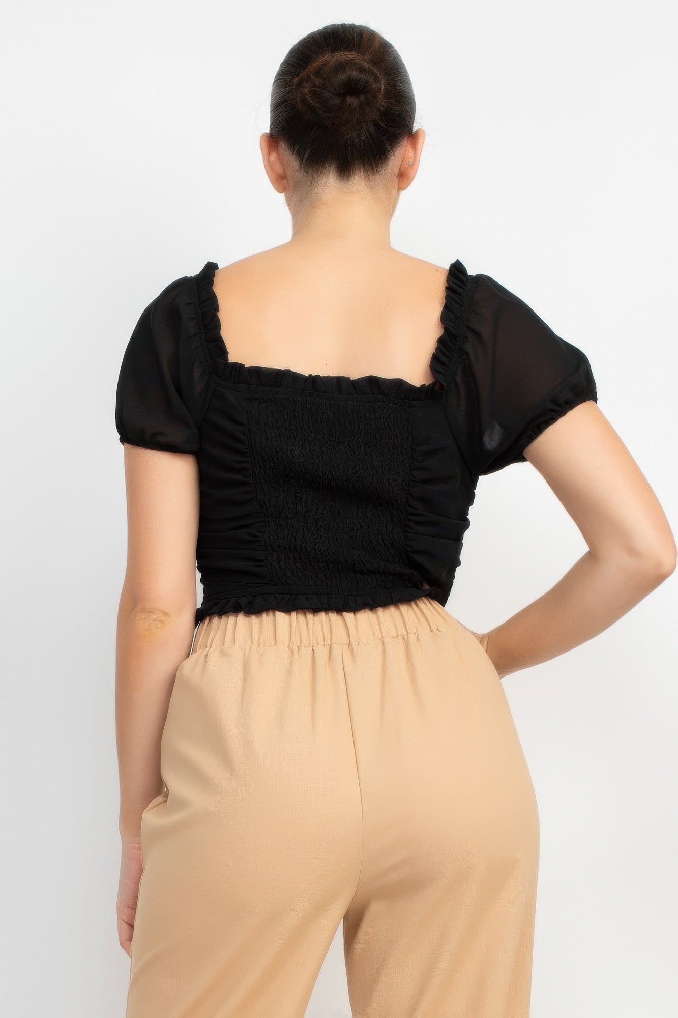 Back Shirred Ruffled Lace-up Crop Top