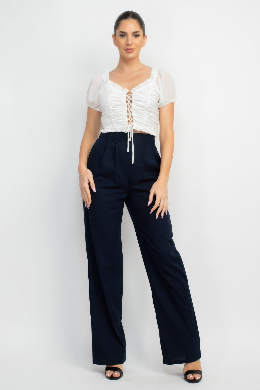 Back Shirred Ruffled Lace-up Crop Top