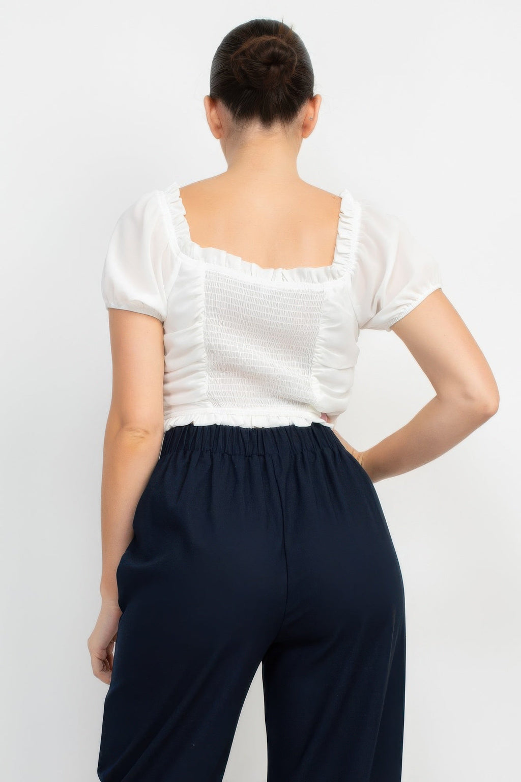 Back Shirred Ruffled Lace-up Crop Top