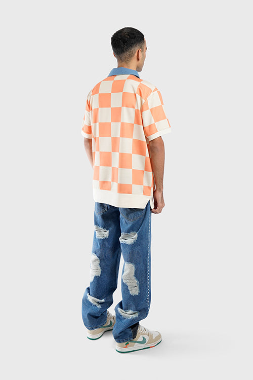 Denim Collar Checkered Polo