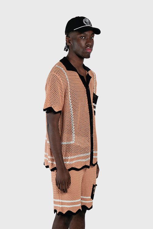 Racket Club Crochet Knit Short-Sleeve Button-Up Shirt