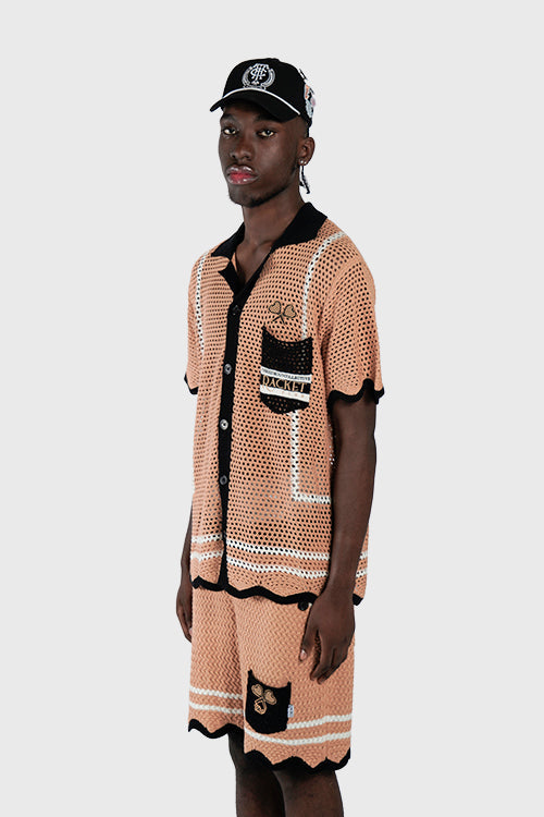 Racket Club Crochet Knit Short-Sleeve Button-Up Shirt