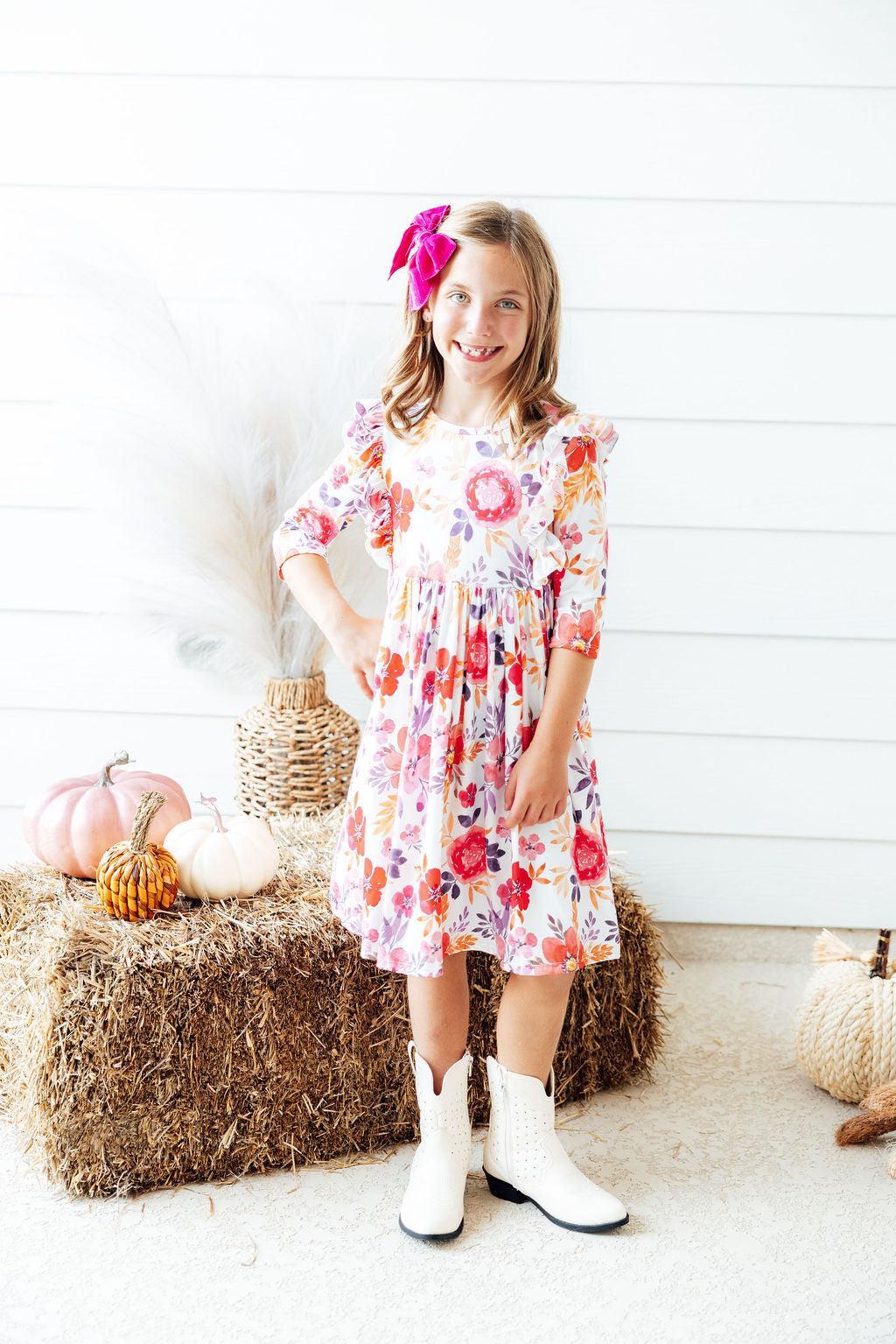 Tangerine Leaves 3/4 Sleeve Ruffle Twirl Dress