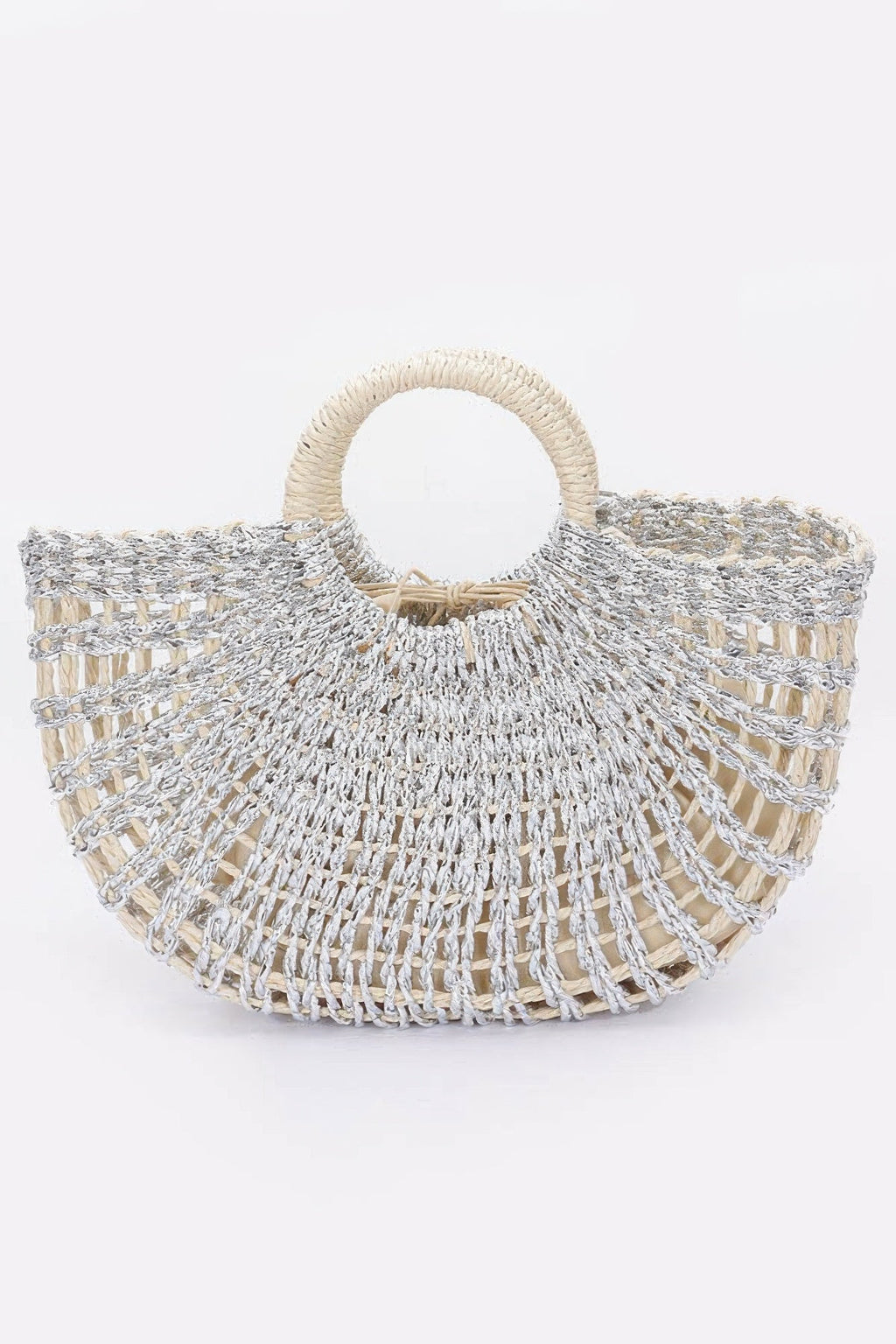 Metallic Faux Straw Tote Bag W Pouch