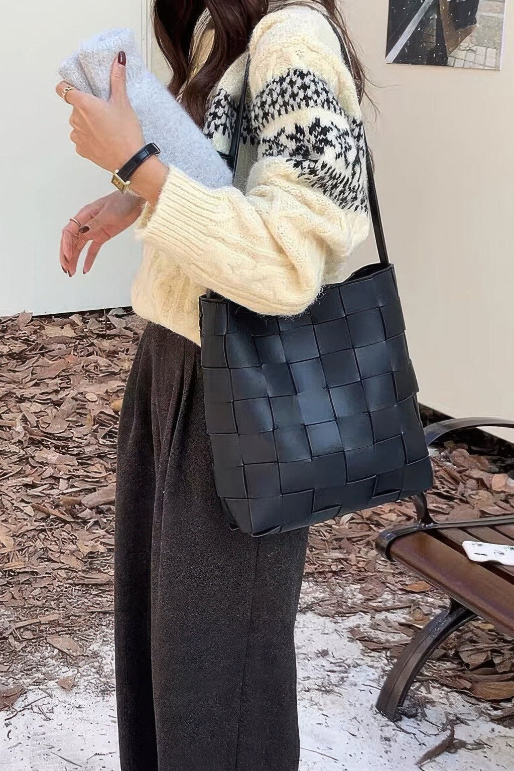 Faux Leather Braided Shoulder Bag W Pouch