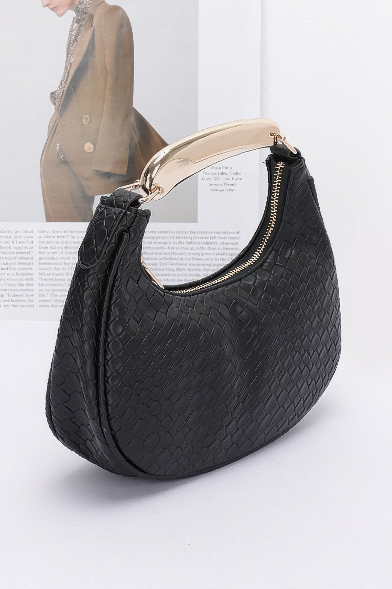 Embossed Faux Leather Metal Handle Bag