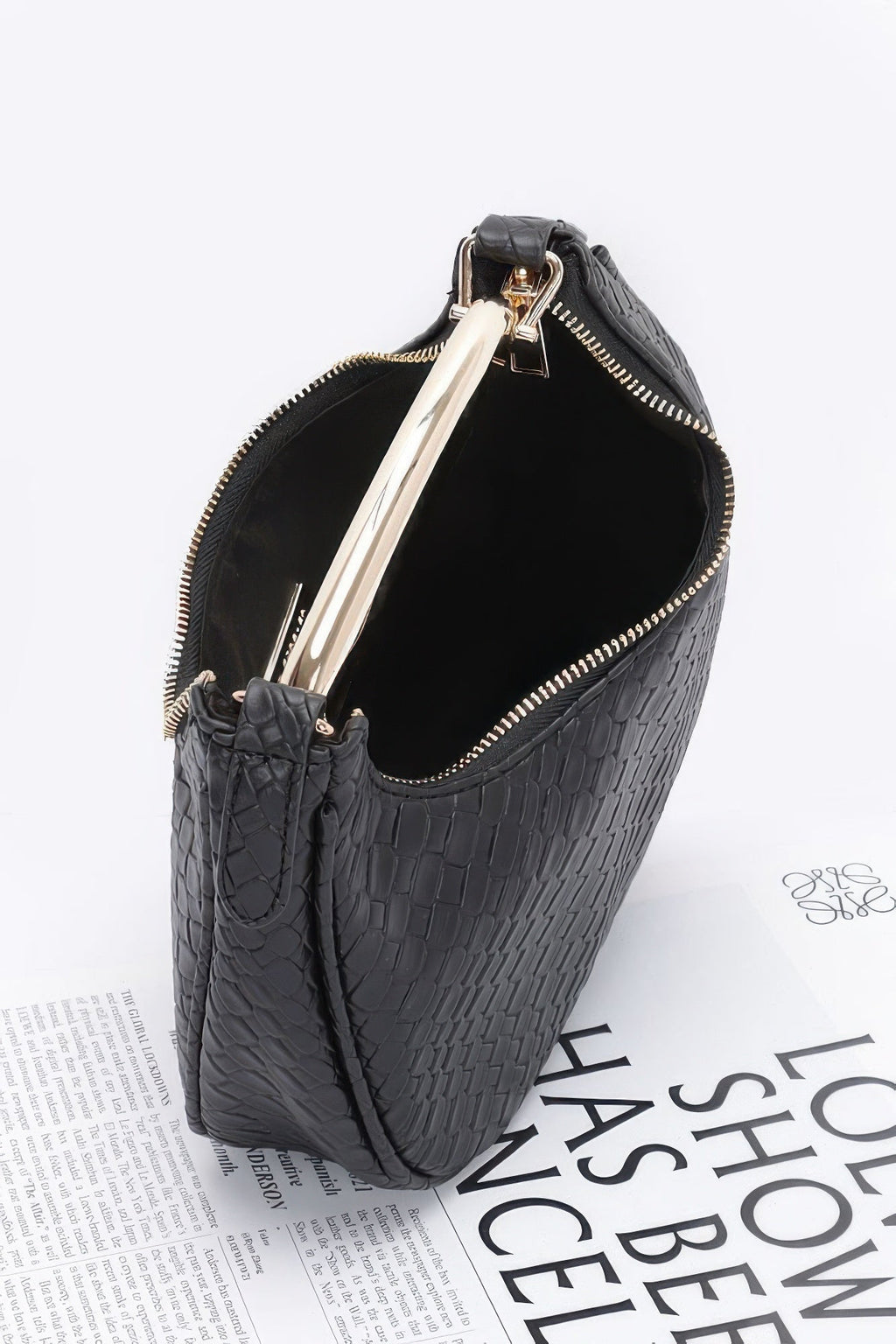Embossed Faux Leather Metal Handle Bag